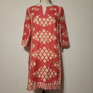 J Crew Salmon Pink Linen Dress Cotton Lining Block Print style Tunic Shift SZ 6